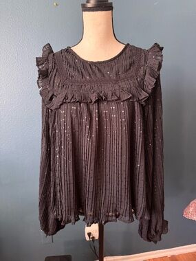 Topshop Black Ruffle Yoke Long-Sleeve Blouse with Metallic Dot Accents